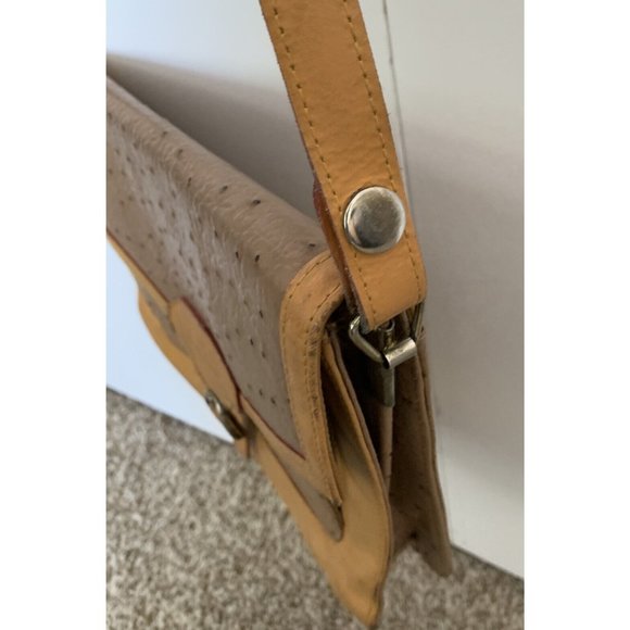 Vintage Taupe Ostrich Leather Handbag Purse with Honey Leather Strap & Trim - Picture 6 of 12